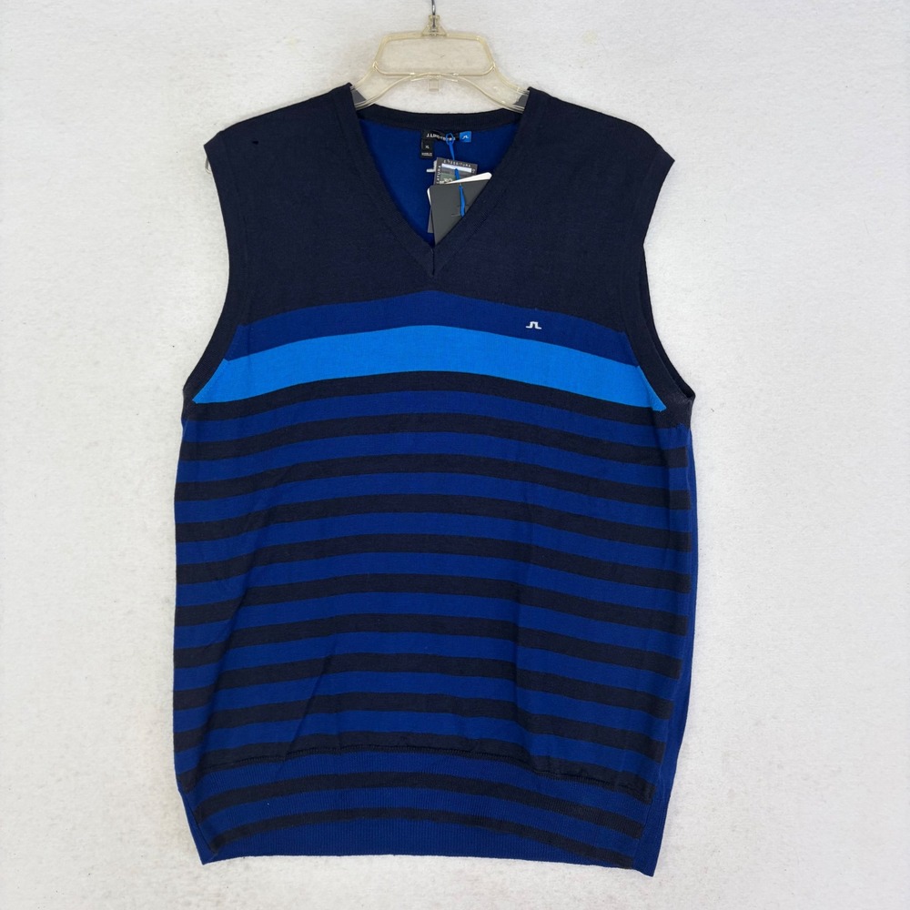 J.Lindeberg Gunder True Merino Knit Sweater Vest‎ Mens XL Navy Purple Stripe NWT